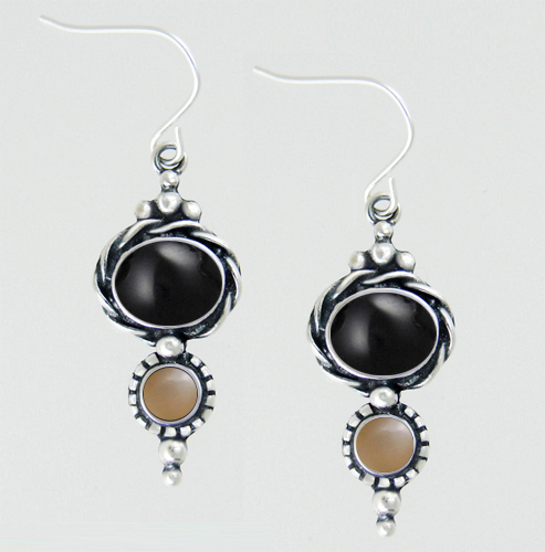 Sterling Silver Drop Dangle Earrings With Black Onyx And Peach Moonstone